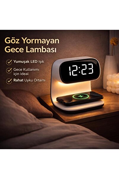 coofbe 3IN1 15W Kablosuz Masaüstü Şarj Standı - Alarmlı Dijital Masa Saati- Ayarlanabilir Gece Lamba