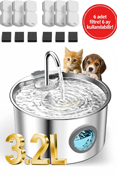 ozbience 3.2L Paslanmaz Çelik Otomatik Kedi Su Pınarı, 6 Filtre, USB Kablo, A...