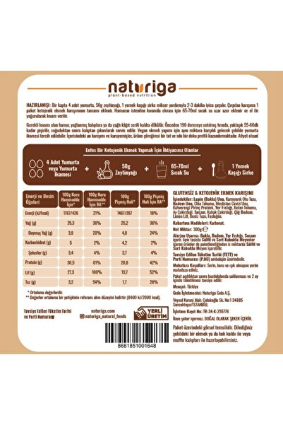 Naturiga Glutensiz Ketojenik Ekmek Karışımı 300 gr