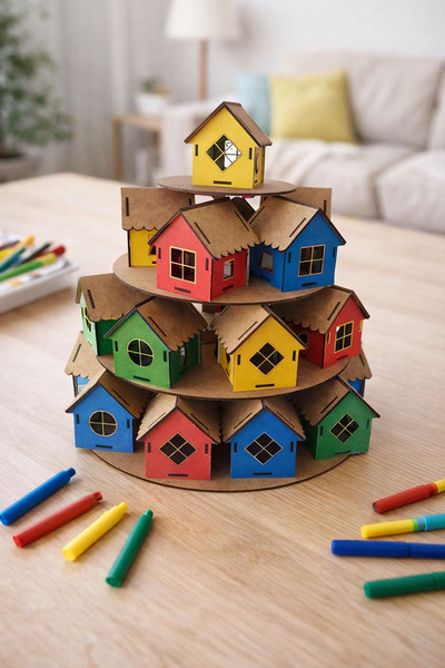 metafortoys مجموعة من 24 قطعة من المنازل الخشبية الصغيرة القابلة للطلاء - منزل نموذجي للأنشطة التعليمية والديكور واللعب