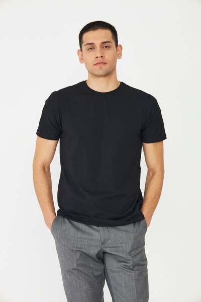 White Stone Black Basic Crew Neck Men's T-Shirt