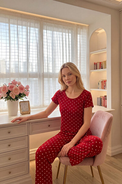 Sohadid Women's Heart Patterned Cotton Ultra Comfortable Red Pajama Set