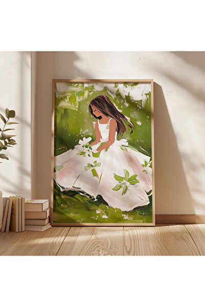 Tuba Decor Tablou cu o singură bucată, fată în rochie albă, înrămată în lemn