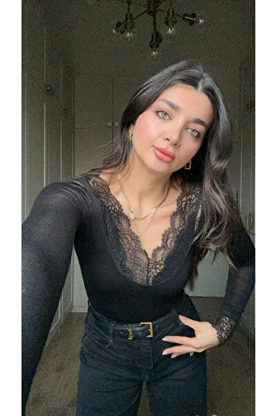 bysoca Body de damă, negru, cu decolteu în V, cu mânecă lungă, dantelă Detali...