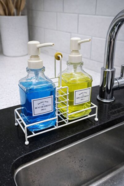 genel tr İkili Cam Sıvı Sabunluk ve Bulaşık Deterjanlık Seti (Krem & Siyah Se...