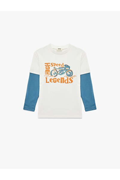 Koton Cotton Long Flared Sleeve Color Contrast Crew Neck Printed T-Shirt