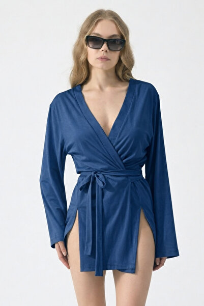 COMBİNE MİCHAİL Women's Beach Wear Comfortable Belted Blue Kimono