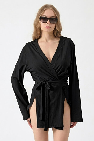 COMBİNE MİCHAİL Women's Beach Wear Comfortable Belted Black Kimono