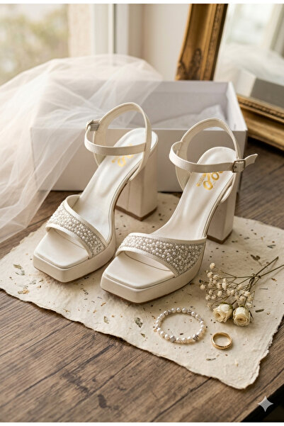 Platform topuklu inci detaylı saten rengi topuk boyu 10.5 cm