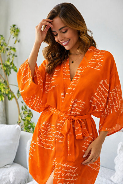 mass fashion Kadın Yazı Desenli Kemerli Kimono