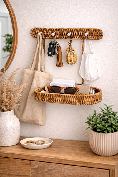 MİS KİTCHEN Natural Rattan Wall Shelf - Wicker with Hangers Keychain and Jewe...