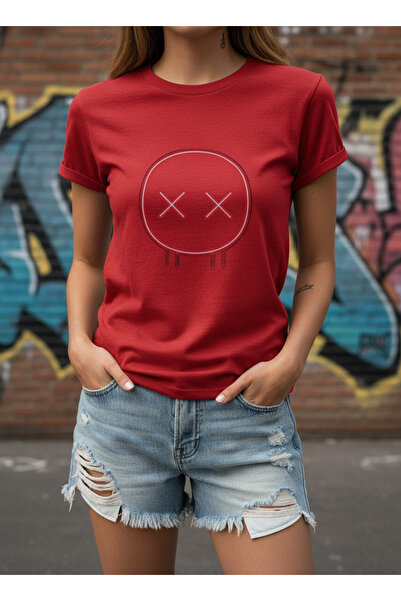 ship master Women's Neon Smile X Eye Printed Red T-Shirt 100% Cotton Casual B...