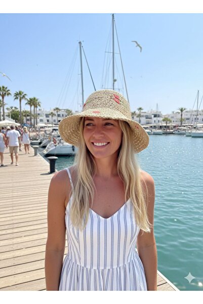 Trend Şapka 14522 Χειροποίητο πλεκτό ψάθινο καπέλο σε μπεζ χρώμα με κεντημένα...