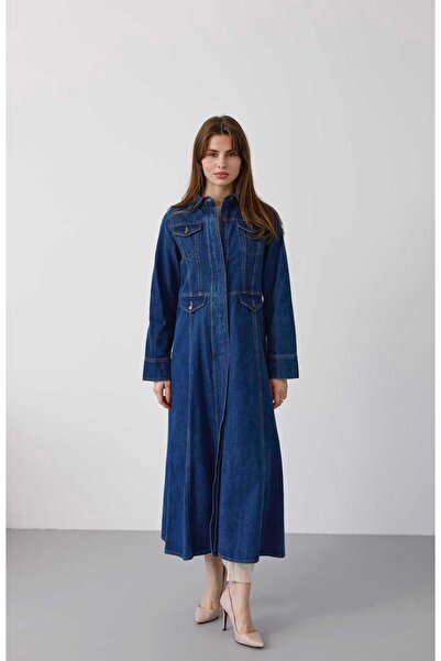 Neways 6670-Uzun Yakalı Patlı Trençkot Koyu Mavi