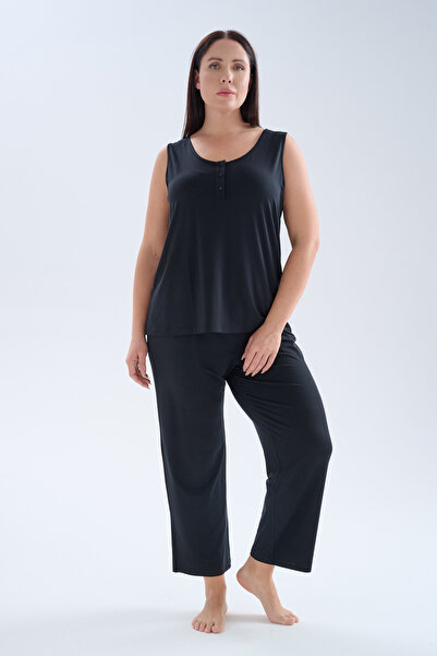 Hays Kadın Plus Size Modal Düğmeli Kısa Kollu Tshirt Uzun Takım