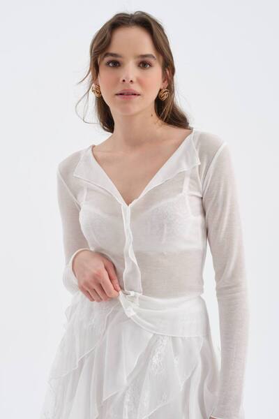 tw3 Kadın Transparan Görünümlü Tasarım Uzun Kollu Bluz