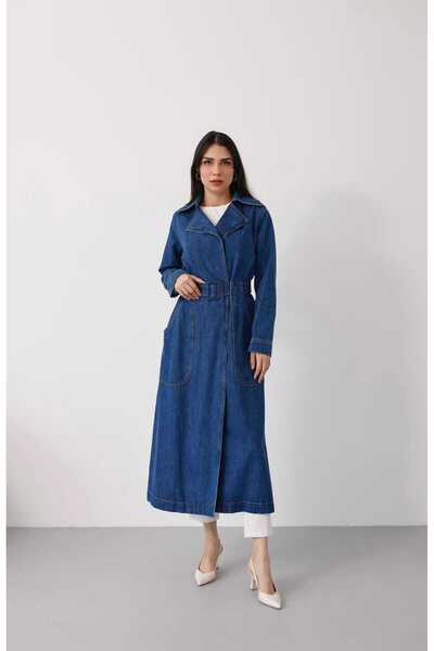 Neways 6669-Denim Kemerli Trençkot Koyu Mavi