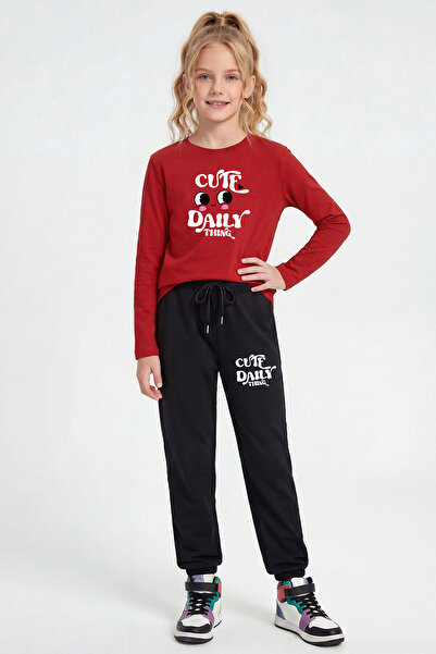 FYK KİDS Round Neck Long Sleeve Printed Detailed Girls' Top and Bottom Set