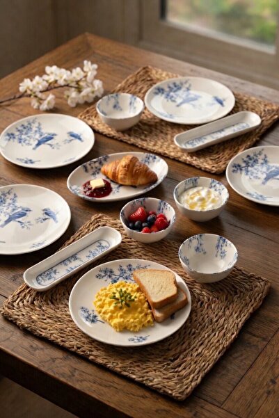 İREA PORSELEN Mavi Kuş Desenli 14 Parça 6 Kişilik Porselen Kahvaltı Takımı