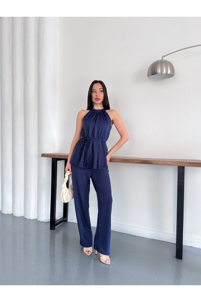 BELISTIL ياقة بحمالة عنق طقم أنيق مكون من قطعتين مع بنطلون بحزام