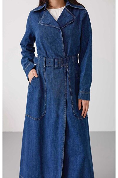 Neways 6669-Denim Kemerli Trençkot Koyu Mavi