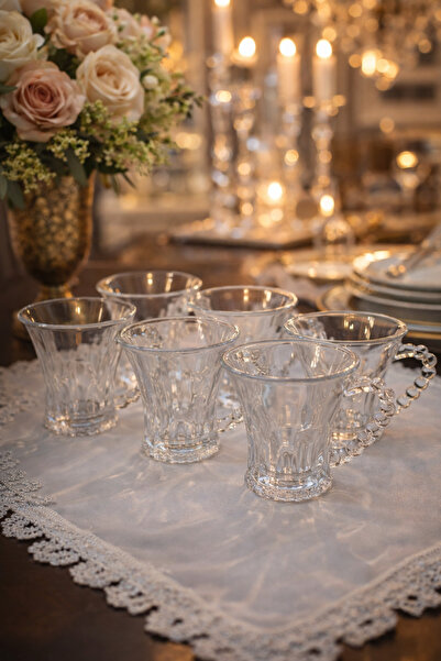 MAKRİ HOME Set of 6 Glass Cups with Beaded Handles 100 Ml, Height 8 Cm, Mouth...