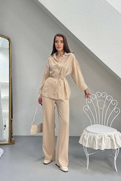 MyLoore طقم قميص وبنطلون نسائي بيج منسوج قماش مودال من القماش مقاس بأربطة MLB154