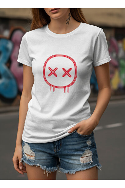 ship master Women's Neon Smile X Eye Printed White T-Shirt 100% Cotton Daily ...