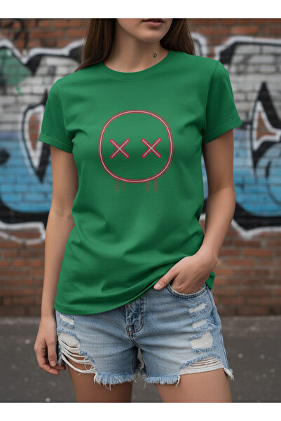 ship master Women's Neon Smile X Eye Printed Green T-Shirt 100% Cotton Daily ...