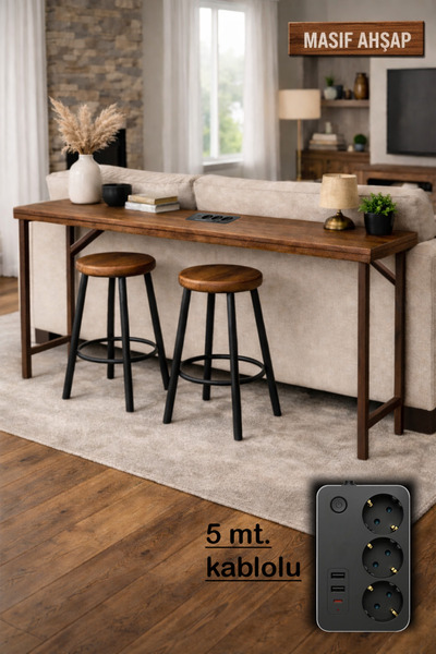 Woodymoda Masif Ahşap Bar & Dresuar Koltuk Arkası 150 cm ( Taburesiz ) 2 Usb ...