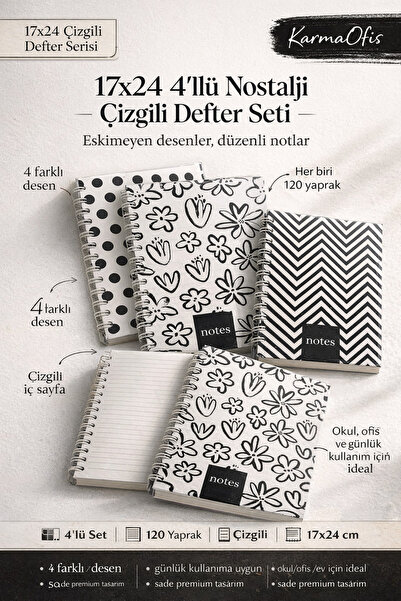 KarmaOfis 4-Piece Spiral Striped Notebook Set 17X24 cm 120 Yp – Nostalji Patt...