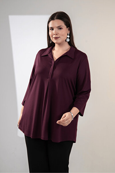Roxxlen Plus Size V Shirt Collar Blouse