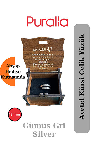 Puralia Ayetel Kürsi Steel Men'S/Women's Ring with Wooden Box - Silver Gray C...