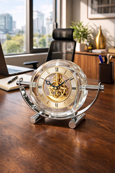 Vinner Arc Prime Kristal Masa Saati Gold Mekanik İskelet Dekoratif Ofis Salon...