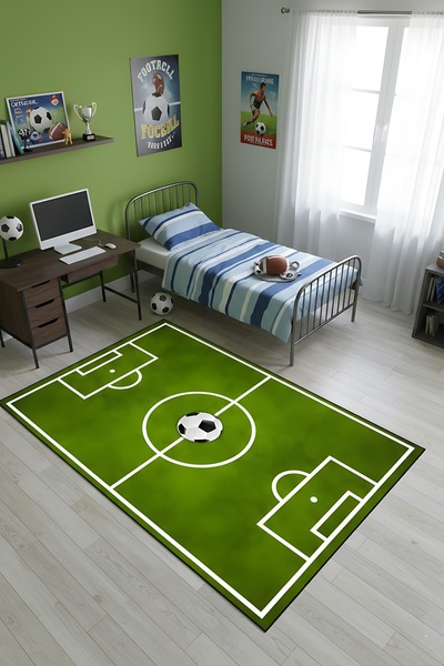 Pixel Dizayn Genç Odası Halısı Futbol Sahası Temalı Kaymaz Dot Taban Dekorati...