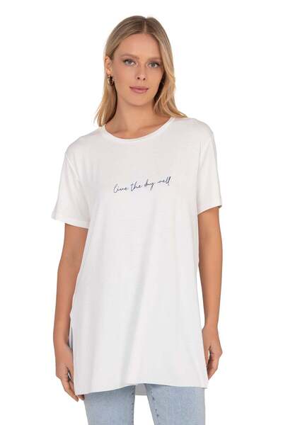 Kompedan Kadın Oversize Basic Minimal Yazı Detaylı Bluz | Özkan Ekru 27082