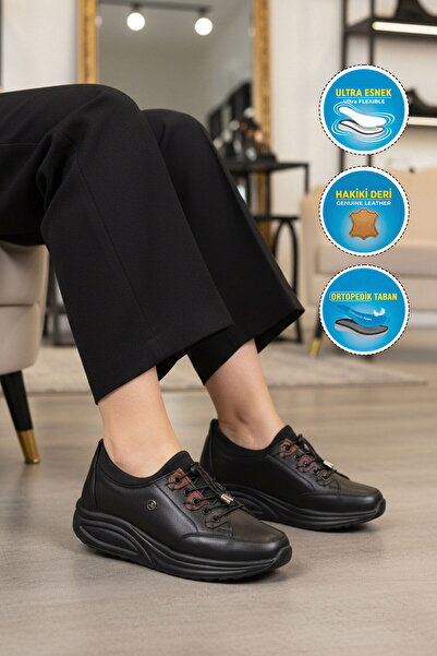 AYAKMOD Black Genuine Leather Anatomical Women's Casual Shoes 2660 Z