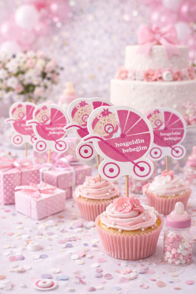 Happyewent Hoşgeldin Bebeğim Pembe Bebek Arabası Kürdan – 20’li Baby Shower C...