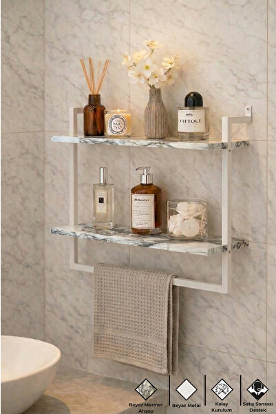 Euromob 60x20 cm Banyo Rafı Duvara Monte Havluluk 2 Katlı Dekoratif Düzenleyi...