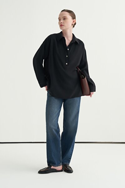 EBU Prive Γυναικείο πουκάμισο Modal με κλείσιμο με κουμπιά, μαύρο