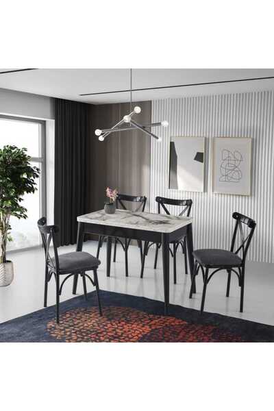 Just Home Moura Mermer Görünümlü Açılır Masa Takımı - Beyaz / Siyah - 79x60x1...