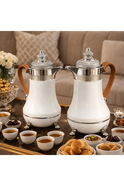ALSAIF ✨ Luxury Tea and Coffee Thermos Set – White and Silver with Wooden Str...