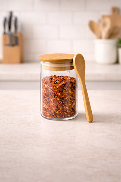 Kitchen Way Bamboo 200ml Sealed Round Jar with Lid, Handle, and Spoon Kw-372A