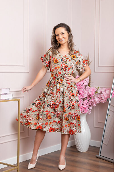 OEM Elegant beige dress with ruffles and drawstring waist