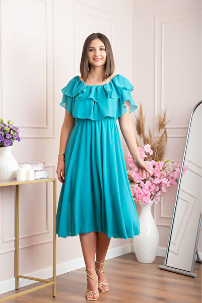 OEM Rochie Joyce eleganta din voal cu volane - Turcoaz