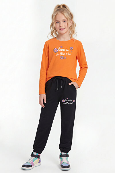 FYK KİDS Round Neck Long Sleeve Printed Detailed Girls' Top and Bottom Set