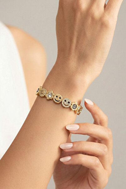 Wuclo سوار من الزركون الذهبي عيار مرصّع بالأحجار مزين بأشكال الوجه المبتسم وا...