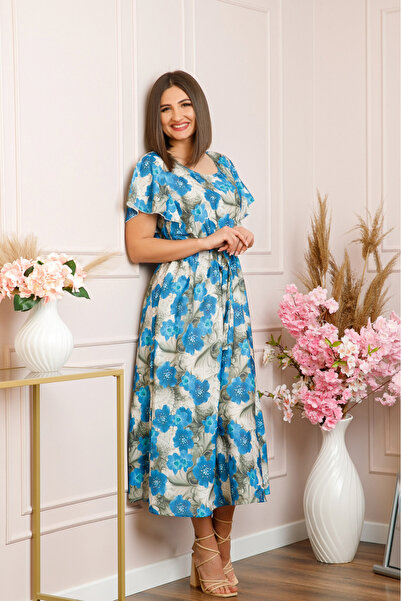 OEM Rochie eleganta Fiorella cu imprimeuri florale - Albastru cu gri