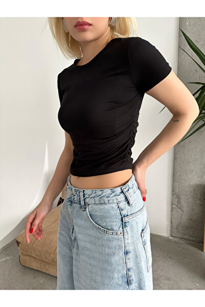 peralist Women's Black Side Ruched Detail Crew Neck Soft-Textured Blouse