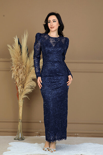 BEYBOS فستان من قماش الترتر دانتيل لي تفاصيل الظهر - أزرق داكن